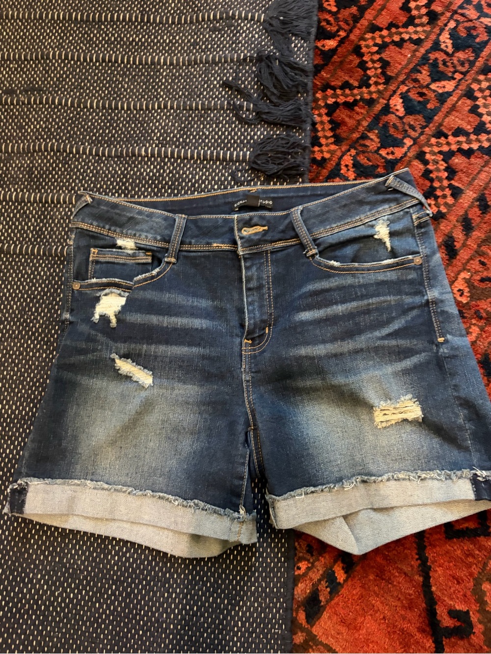 Signature Studio Dark Blue Distressed Roll-Cuff Denim Shorts